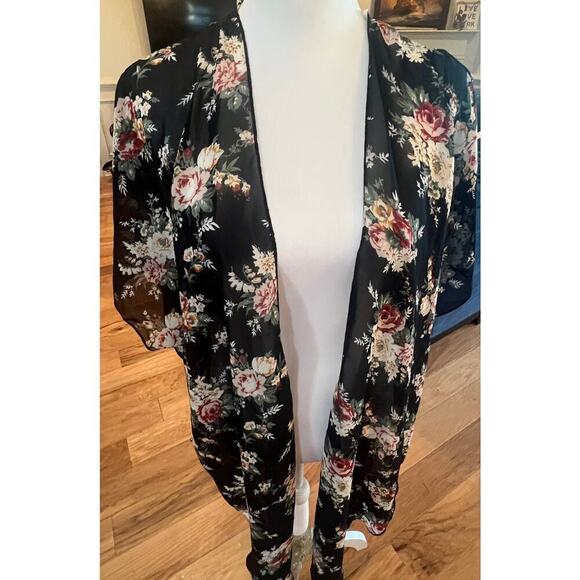 TRY THIS COVER UP BLACK SHEER FLORAL FLOWY WOMENS SIZE SMALL - Picture 4 of 7